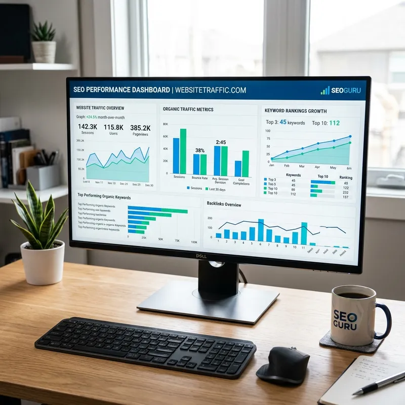 SEO analytics dashboard showing keyword rankings and organic traffic growth metrics by Digi Banaras Varanasi